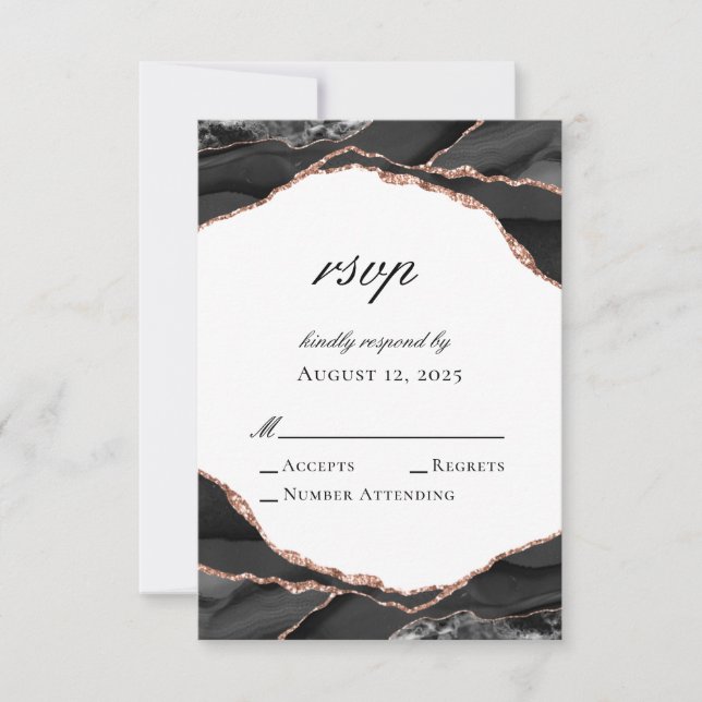 Tarjeta De Confirmación De Asistencia Elegante Agate Rosa blanco negro Boda de oro (Anverso)