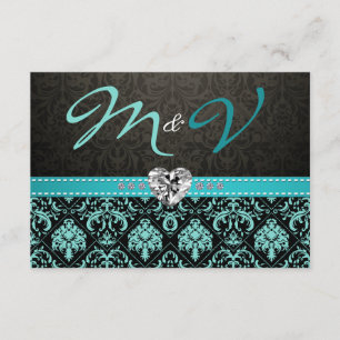 Tarjeta De Confirmación De Asistencia Elegante Aqua Blue y Black Damask con diamantes