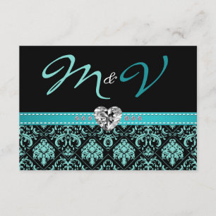 Tarjeta De Confirmación De Asistencia Elegante Aqua Blue y Black Damask con diamantes