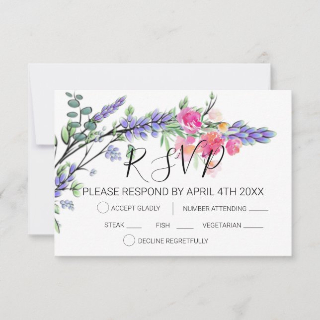 Tarjeta De Confirmación De Asistencia Elegante aquarela lavanda rosas rosadas eucalipto  (Anverso)