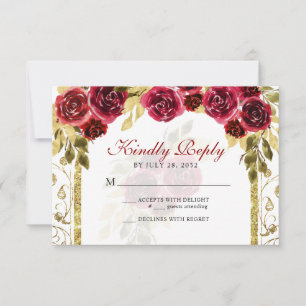 Tarjeta De Confirmación De Asistencia Elegante Arco Dorado Rojo Floral Quinceañera