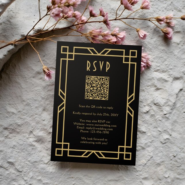 Tarjeta De Confirmación De Asistencia Elegante Art Deco Clásico Beige Oro Negro QR (Subido por el creador)