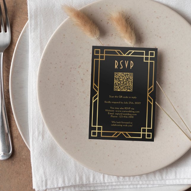 Tarjeta De Confirmación De Asistencia Elegante Art Deco Clásico Oro Negro QR (Subido por el creador)