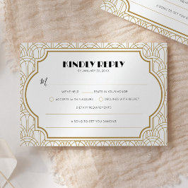 Tarjeta De Confirmación De Asistencia Elegante Art Deco Gatsby Bodas Años 20 Blanco y Or