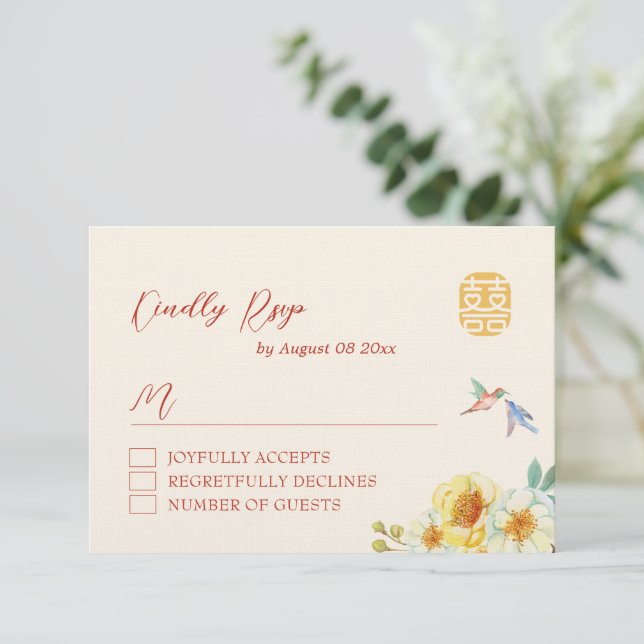 Tarjeta De Confirmación De Asistencia Elegante ave floral boda china (Anverso de pie)