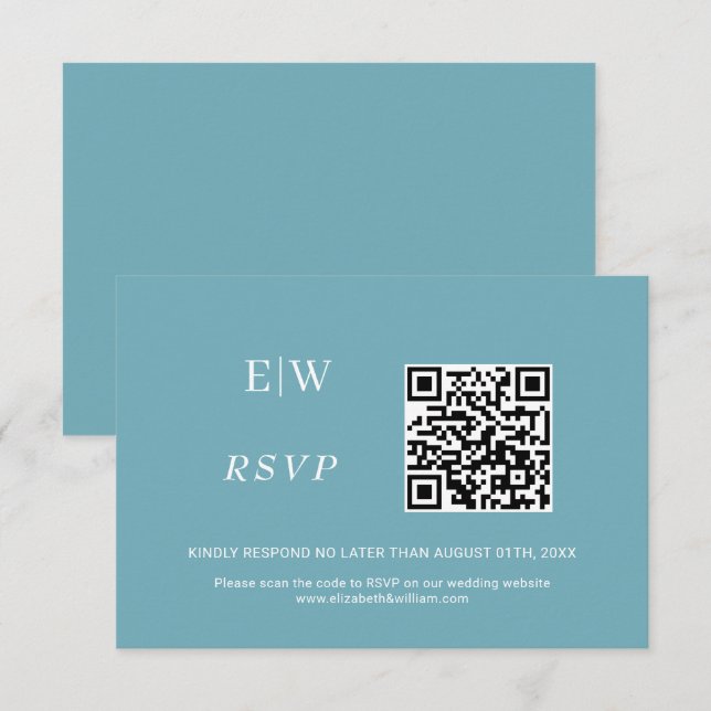 Tarjeta De Confirmación De Asistencia Elegante azul retro simple con Boda monograma (Anverso / Reverso)