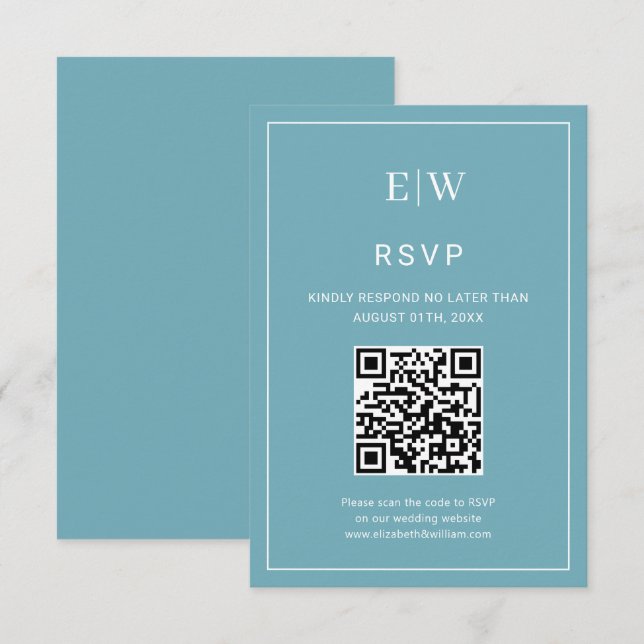 Tarjeta De Confirmación De Asistencia Elegante azul retro simple con Boda monograma (Anverso / Reverso)