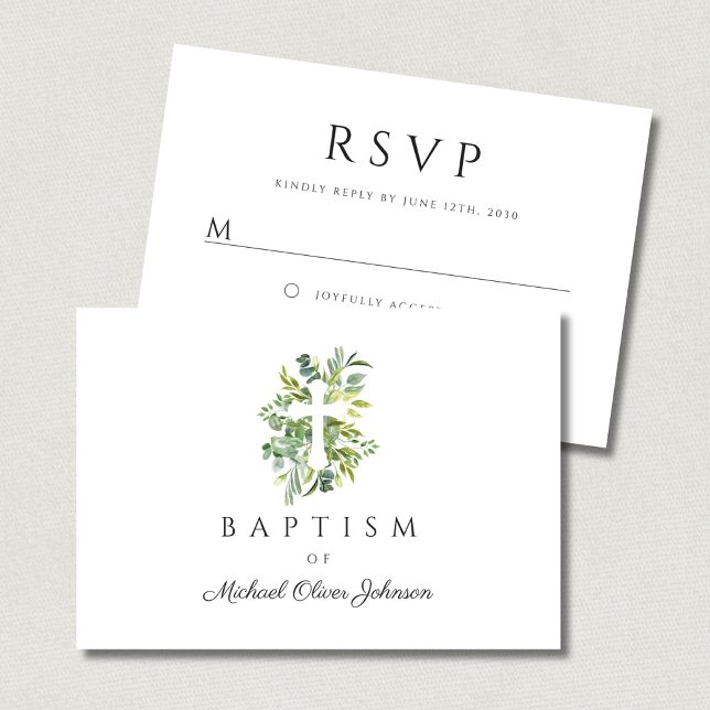 Tarjeta De Confirmación De Asistencia Elegante bautismo biológico religioso (Elegant Botanical Religious Cross Baptism RSVP Card)