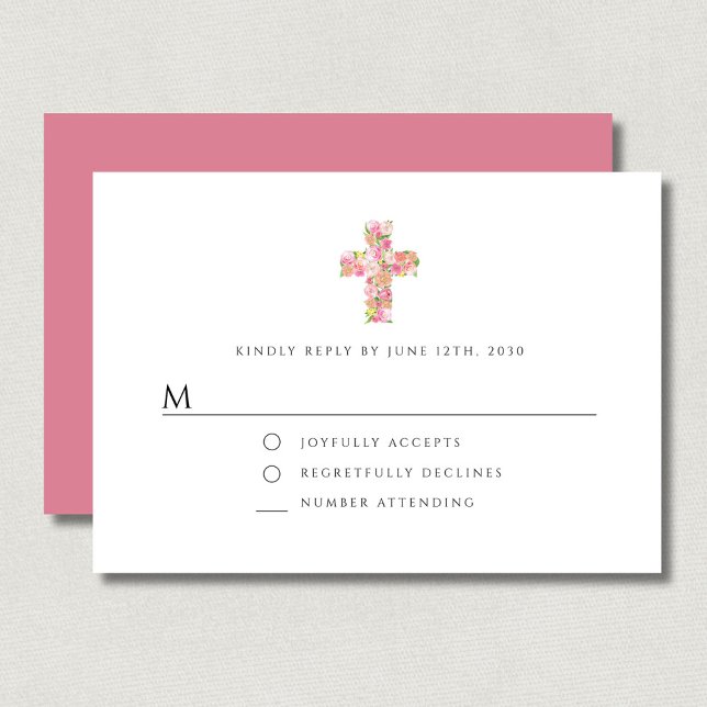 Tarjeta De Confirmación De Asistencia Elegante bautismo Chica religioso floral rosado (Elegant Floral Pink Religious Cross Girl Baptism RSVP Card)