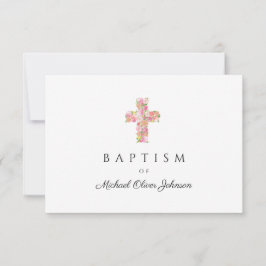 Tarjeta De Confirmación De Asistencia Elegante bautismo religioso floral rosa cruzado