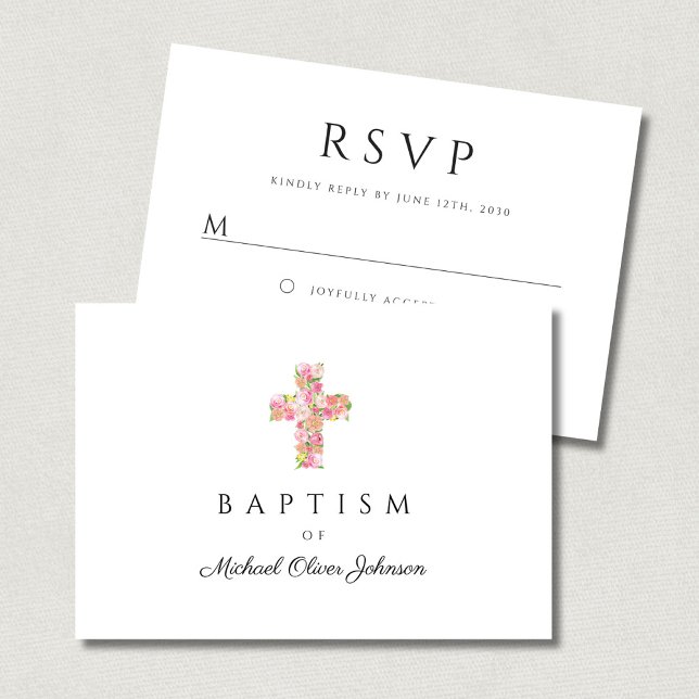 Tarjeta De Confirmación De Asistencia Elegante bautismo religioso floral rosa cruzado (Elegant Religious Floral Pink Cross Baptism RSVP Card)