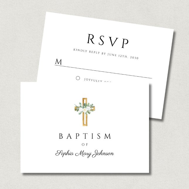 Tarjeta De Confirmación De Asistencia Elegante bautismo religioso transversal floral (Elegant Religious Cross Floral Baptism RSVP Card)