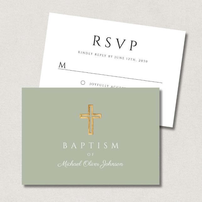 Tarjeta De Confirmación De Asistencia Elegante Bautismo Religioso Verde Masaje (Elegant Sage Green Religious Cross Baptism RSVP Card)