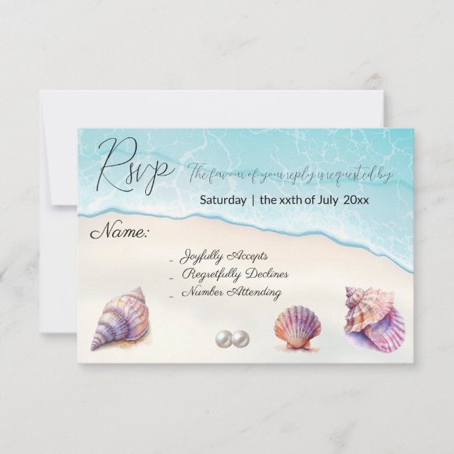 Tarjeta De Confirmación De Asistencia Elegante Beach Wedding Seashells Perlas Náuticas (Anverso)