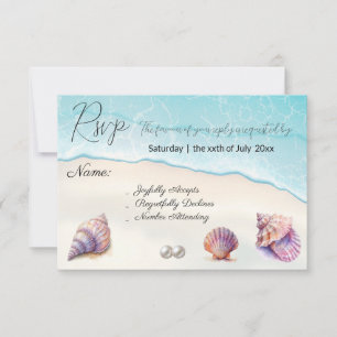 Tarjeta De Confirmación De Asistencia Elegante Beach Wedding Seashells Perlas Náuticas