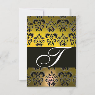 TARJETA DE CONFIRMACIÓN DE ASISTENCIA ELEGANTE BLANCO NEGRO AMARILLO DAMASK MONOGRAM RSV