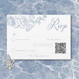 Tarjeta De Confirmación De Asistencia Elegante Blue Chinoiserie Bird & Escudo Boda QR