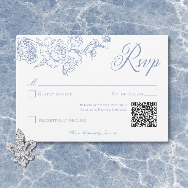 Tarjeta De Confirmación De Asistencia Elegante Blue Chinoiserie Bird & Escudo Boda QR (Elegant Blue Chinoiserie Bird & Crest Wedding QR RSVP Card)