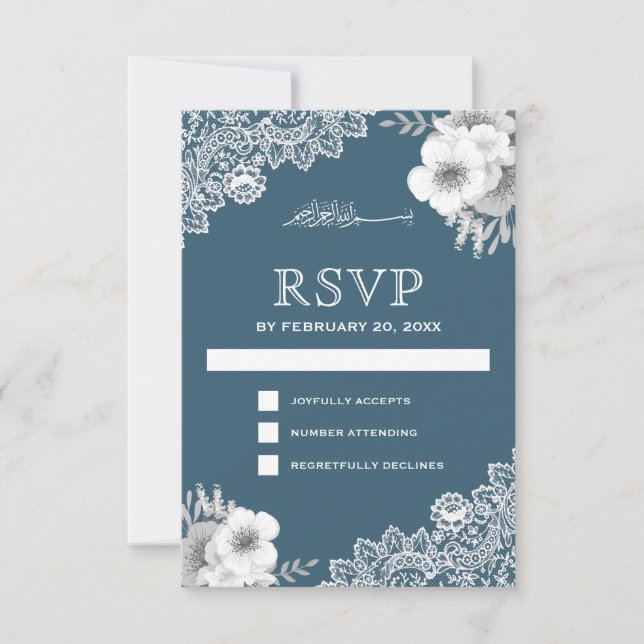 Tarjeta De Confirmación De Asistencia Elegante Blue Floral Lace Islámico (Anverso)