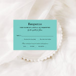 Tarjeta De Confirmación De Asistencia Elegante Boda azul Aqua<br><div class="desc">Las tarjetas de respuesta boda presentan un estilo de diseño de moda. Personalice la tarjeta RSVP con su fecha de vencimiento de la respuesta, la redacción de la respuesta y las opciones de la cena en placas para los huéspedes. El esquema de color azul, negro y blanco del huevo de...</div>