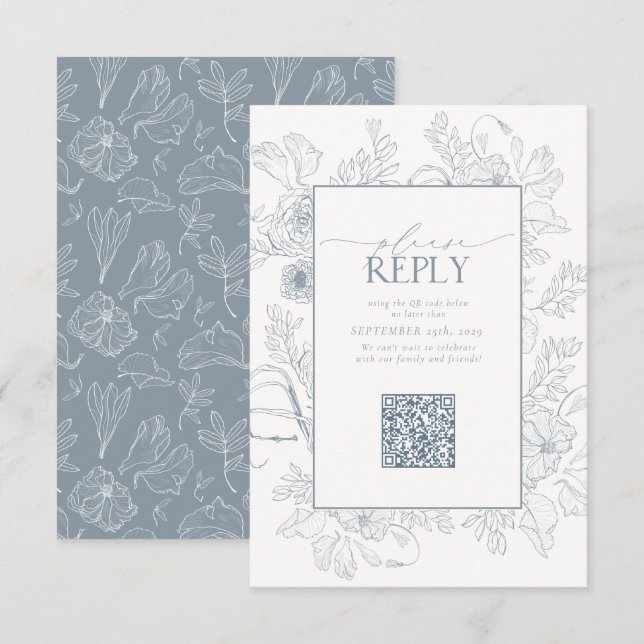 Tarjeta De Confirmación De Asistencia Elegante Boda azul turbio código QR Responder por  (Anverso / Reverso)