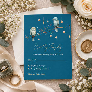 Tarjeta De Confirmación De Asistencia Elegante Boda Azul Turquesa Aves Bosque Dorado