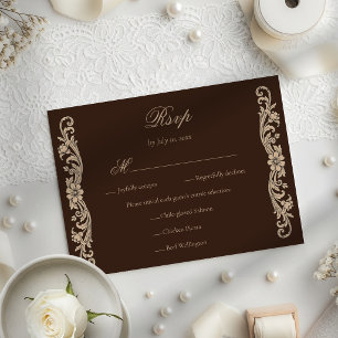 Tarjeta De Confirmación De Asistencia Elegante Boda Barroca Vintage de Marrón y Crema