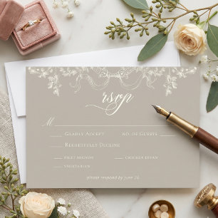 Tarjeta De Confirmación De Asistencia Elegante Boda Barroca Vintage Neutro Marfil