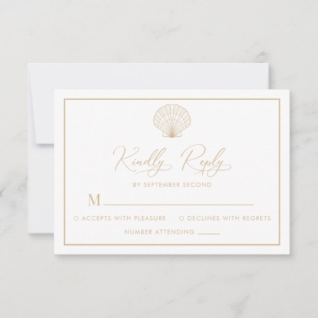 Tarjeta De Confirmación De Asistencia Elegante Boda beige de vieira de playa (Anverso)