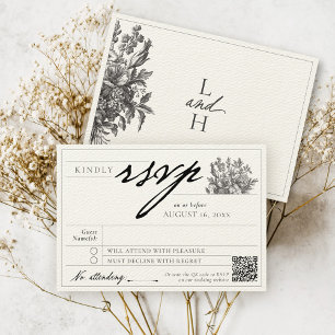 Tarjeta De Confirmación De Asistencia Elegante Boda Black Vintage Floral Black & Ecru