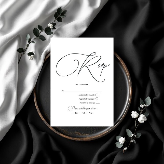 Tarjeta De Confirmación De Asistencia Elegante Boda blanco y negro (Elegant Black and White Wedding RSVP Card)