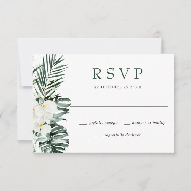 Tarjeta De Confirmación De Asistencia Elegante Boda bohemio de orquídeas blancas (Anverso)