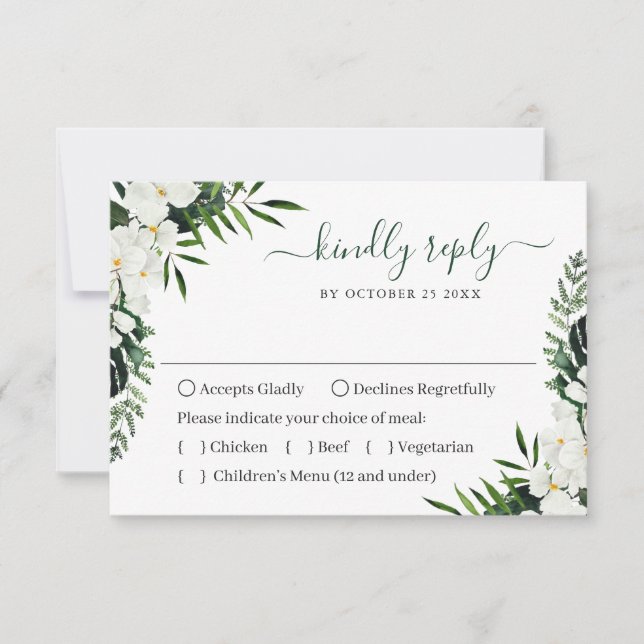 Tarjeta De Confirmación De Asistencia Elegante Boda bohemio de orquídeas blancas (Anverso)