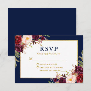 Tarjeta De Confirmación De Asistencia Elegante Boda Borgoña Azul Oro