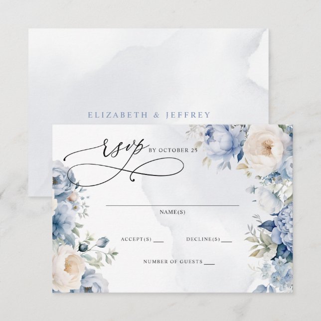 Tarjeta De Confirmación De Asistencia Elegante Boda Botánico Dusty Blue Floral (Anverso / Reverso)