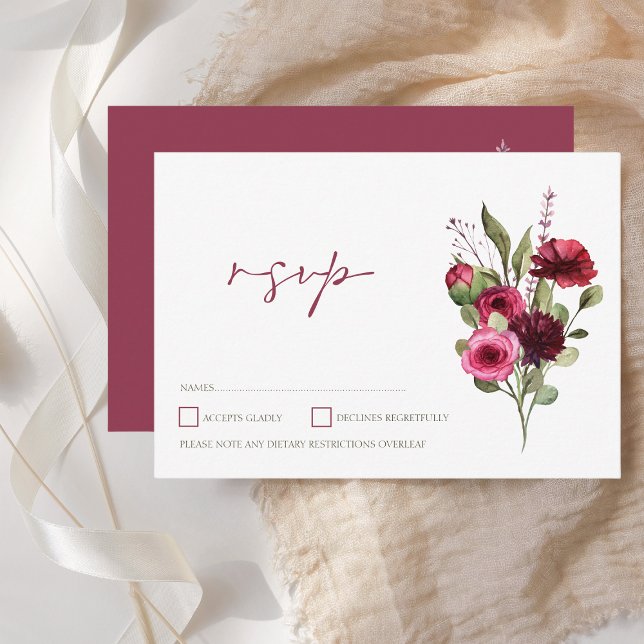 Tarjeta De Confirmación De Asistencia Elegante Boda Burgundy Floral Bouquet (Elegant Burgundy Floral Bouquet Wedding RSVP Card)