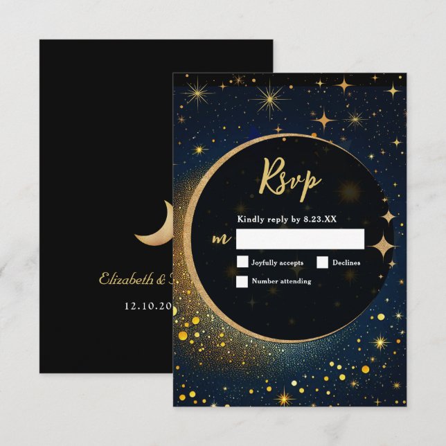 Tarjeta De Confirmación De Asistencia Elegante boda celestial de la luna mística (Anverso / Reverso)