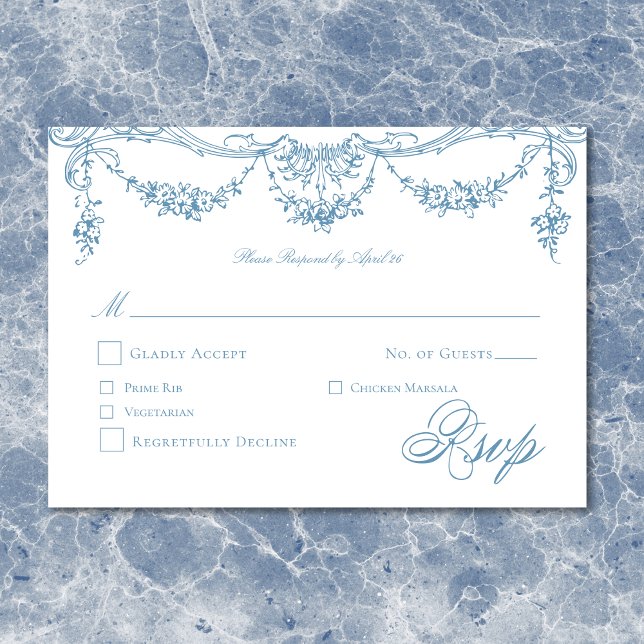 Tarjeta De Confirmación De Asistencia Elegante Boda chino-victoriano azul francés (Elegant French Blue Victorian Chinoiserie Wedding RSVP Card)