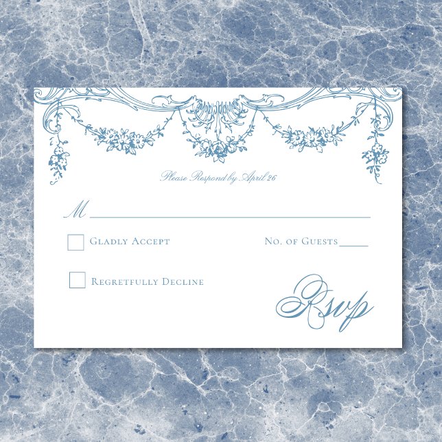 Tarjeta De Confirmación De Asistencia Elegante Boda chino-victoriano azul francés (Elegant French Blue Victorian Chinoiserie Wedding RSVP Card)