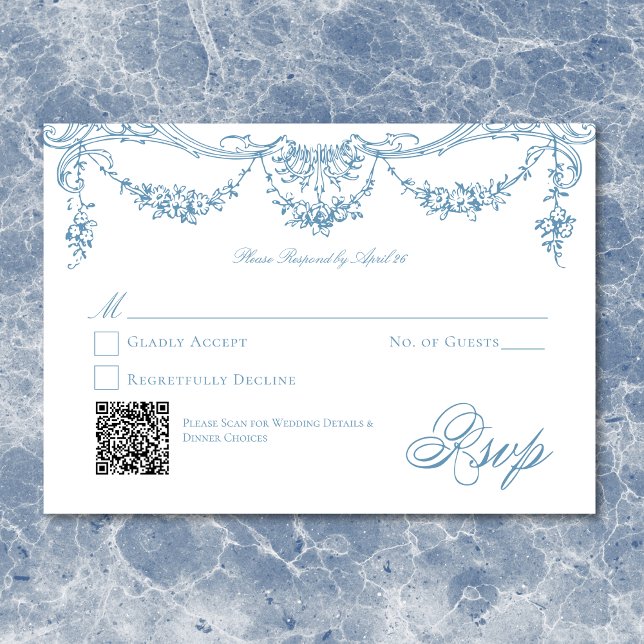 Tarjeta De Confirmación De Asistencia Elegante Boda chino-victoriano azul francés (Elegant French Blue Victorian Chinoiserie Wedding RSVP Card)