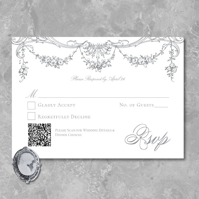 Tarjeta De Confirmación De Asistencia Elegante Boda Chinoiserie gris victoriano francés (Elegant French Gray Victorian Chinoiserie Wedding RSVP Card)
