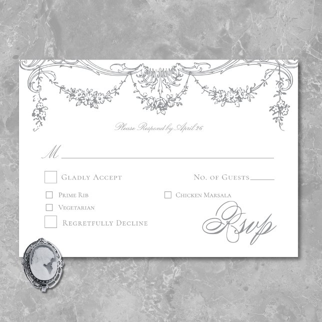 Tarjeta De Confirmación De Asistencia Elegante Boda Chinoiserie gris victoriano francés (Elegant French Gray Victorian Chinoiserie Wedding RSVP Card)