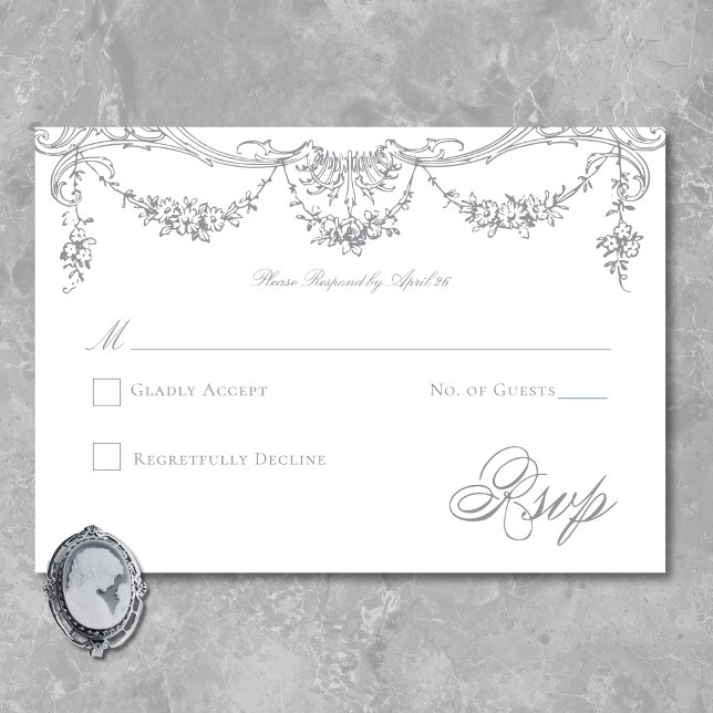 Tarjeta De Confirmación De Asistencia Elegante Boda Chinoiserie gris victoriano francés (Elegant French Gray Victorian Chinoiserie Wedding RSVP Card)