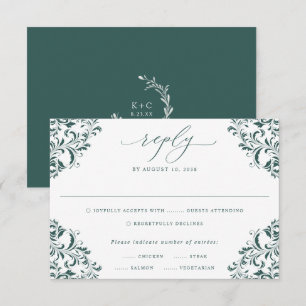 Tarjeta De Confirmación De Asistencia Elegante Boda clásico de cosecha verde esmeralda