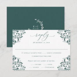 Tarjeta De Confirmación De Asistencia Elegante Boda clásico de cosecha verde esmeralda