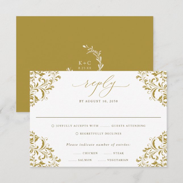 Tarjeta De Confirmación De Asistencia Elegante Boda clásico de la época dorada (Anverso / Reverso)