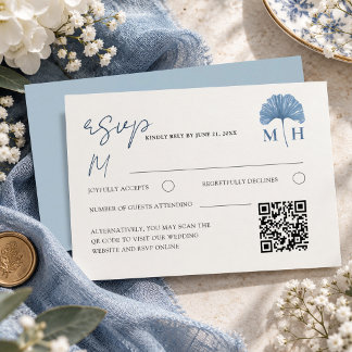 Tarjeta De Confirmación De Asistencia Elegante Boda con Código QR en Azul Polvoriento