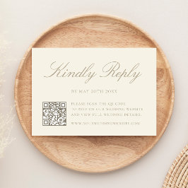 Tarjeta De Confirmación De Asistencia Elegante Boda con Código QR en Marfil