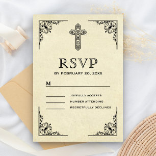 Tarjeta De Confirmación De Asistencia Elegante boda cristiana vintage de cruz