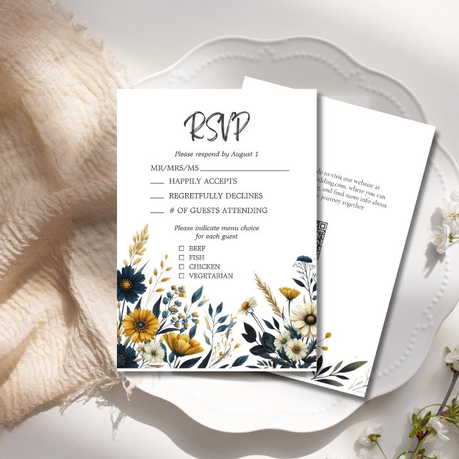 Tarjeta De Confirmación De Asistencia Elegante Boda de acuarela de flores silvestres (Elegant Watercolor Wildflowers Wedding RSVP with Menu Selections, QR Code, Blue Yellow Flowers.)